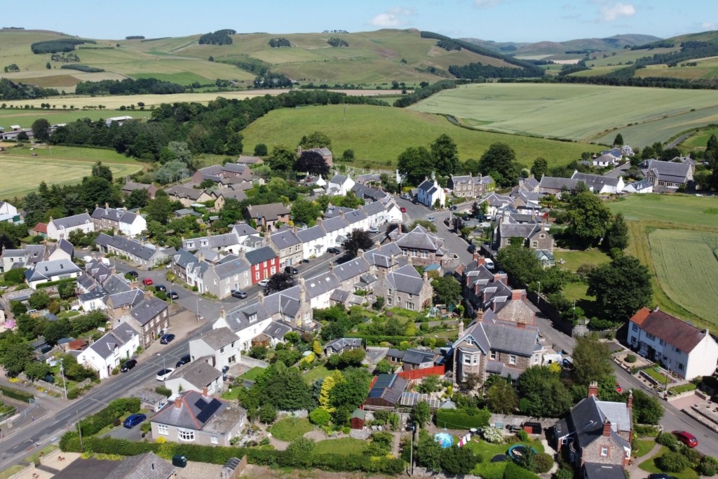 Ariel view of Morebattle village near Kelso
