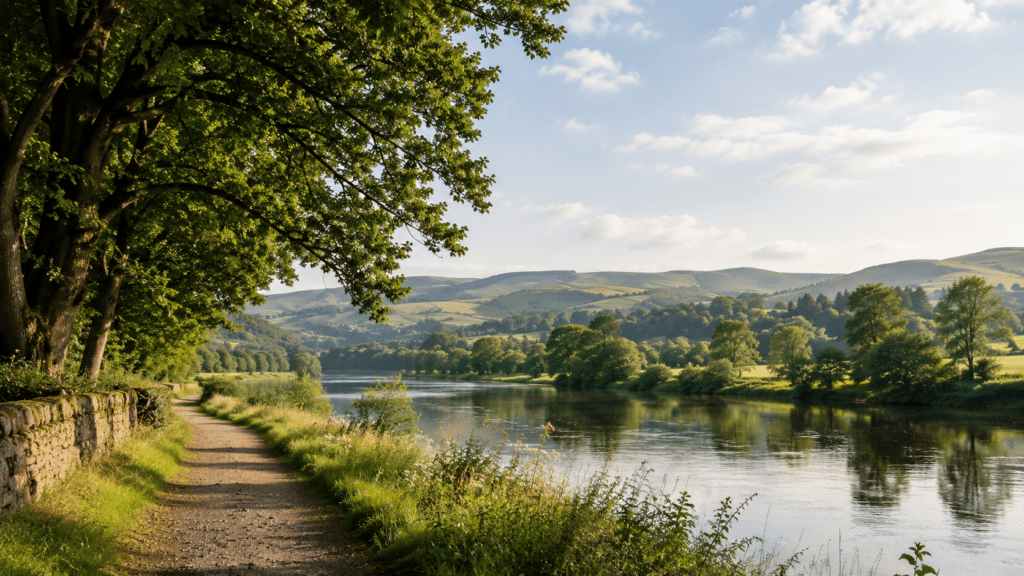 Sunlit riverside path beside a stone wall, with dense trees overhead and a calm river beyond.