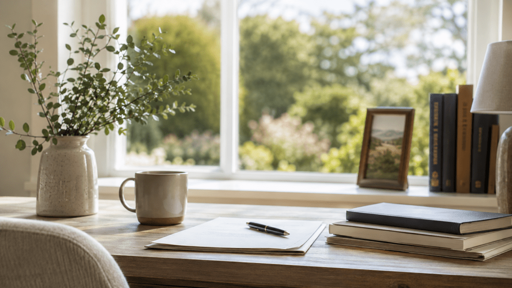 Sunlit home office desk with a green leafy plant in a speckled vase, a gray mug, papers, and a pen, by a window.