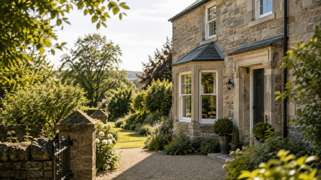 Stone cottage with bay window, gravel path, and lush garden in bright sunlight.